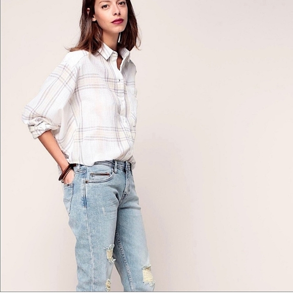 Free People Beige Plaid Cropped Batwing Long Sleeve ButtonUp Shirt SzXS - Picture 3 of 12